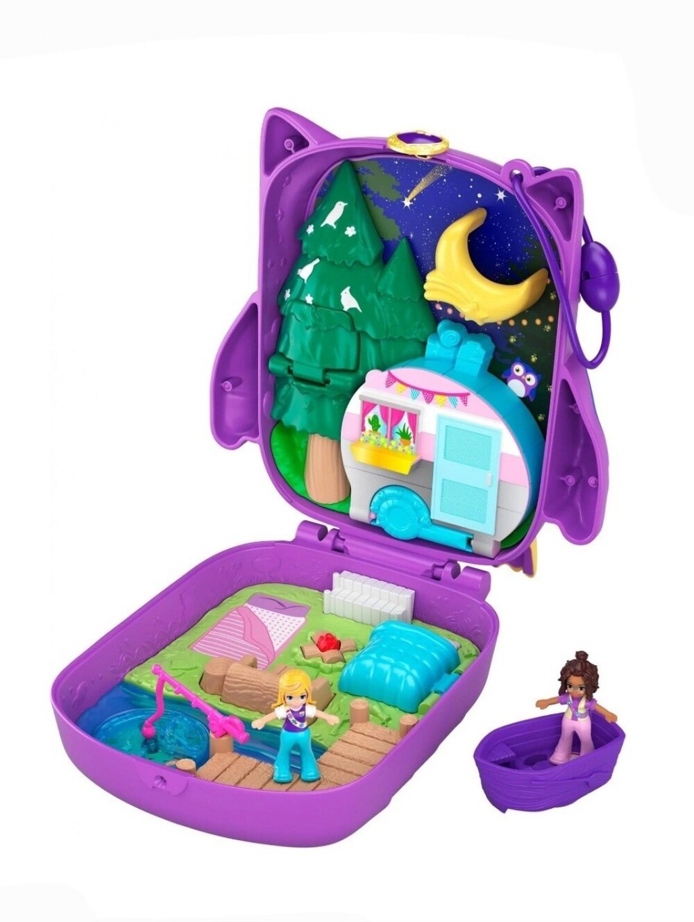 Polly Pocket World Owlnite Campsite Compact Playset With 2 Dolls And Boat